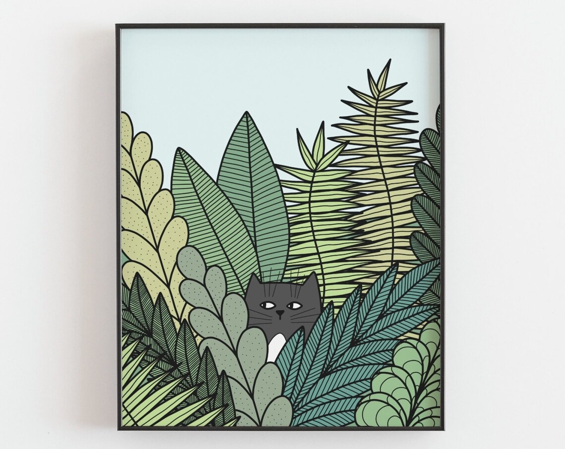 Tuxedo Cat Botanical Art Print, Funny Cat Poster
