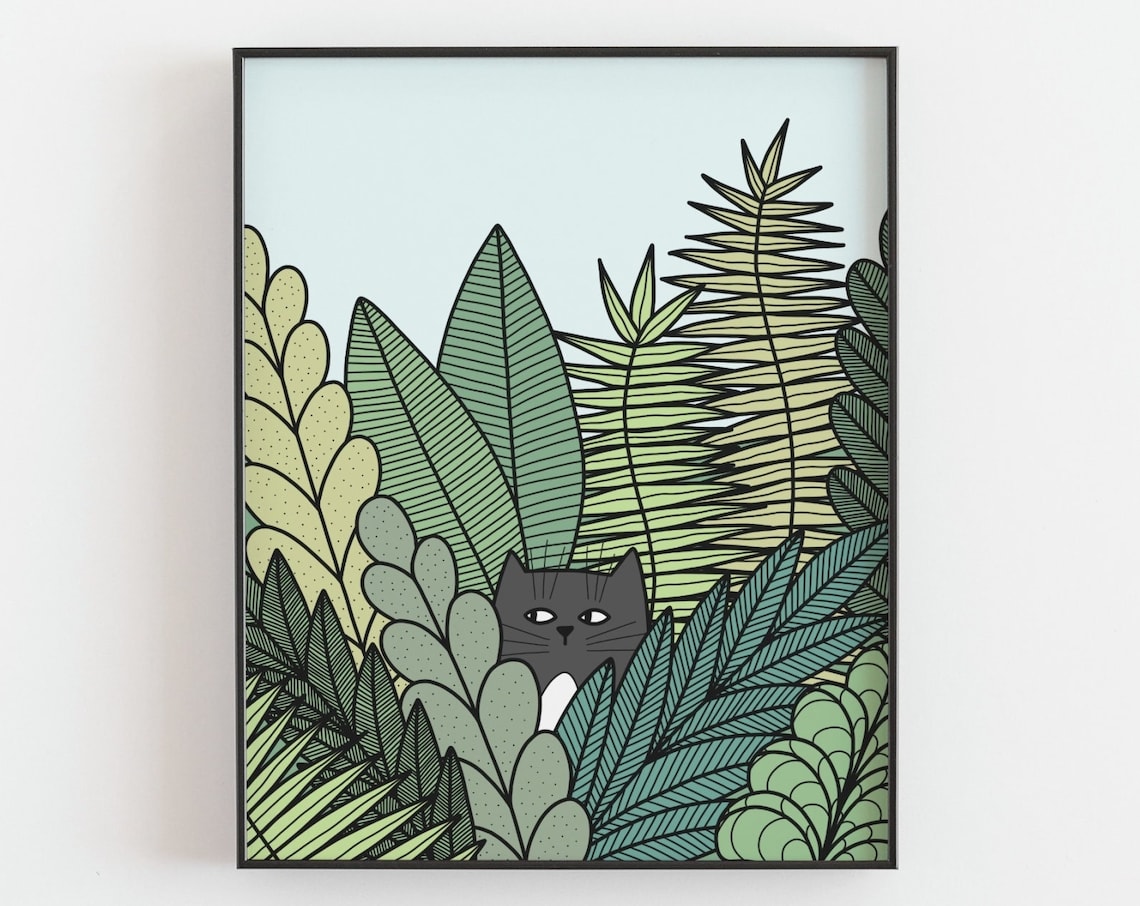 Tuxedo Cat Hiding Among Ferns, Botanical Art Print