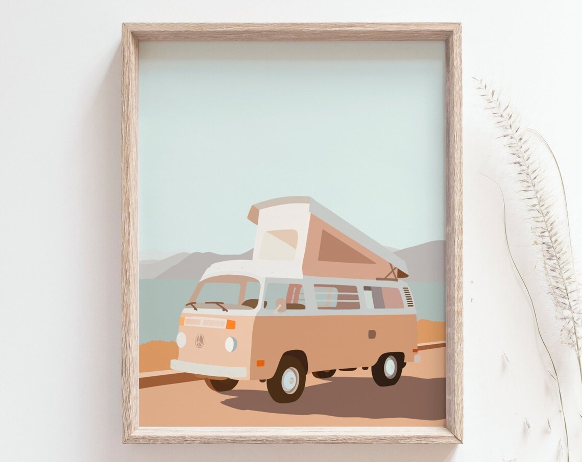 Peach Camper Van Coastal Road Trip Minimalist Illustration Art Print