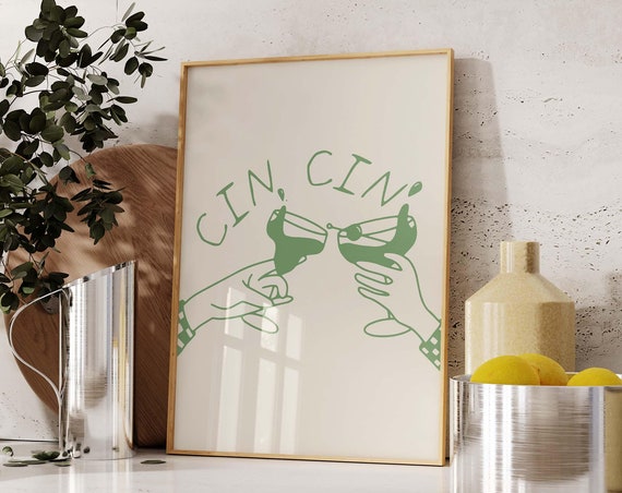 Retro Bar Poster Trendy Home Decor Vintage Bar Cart Print Cin Cin Poster Drinks Print Aesthetic Kitchen Decor Cute Bar Art Art Green