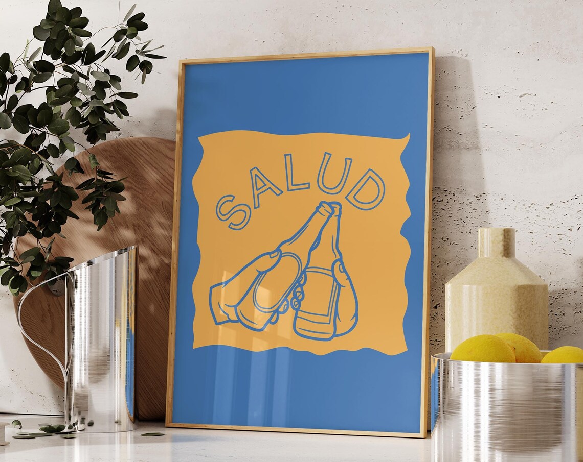 Salud Beer Bottle Cheers Retro Blue Yellow Bold Bar Party Poster