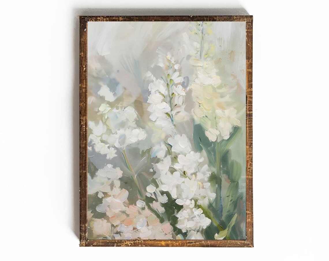 Soft White Spring Blossoms in Muted Floral Oil Painting Poster