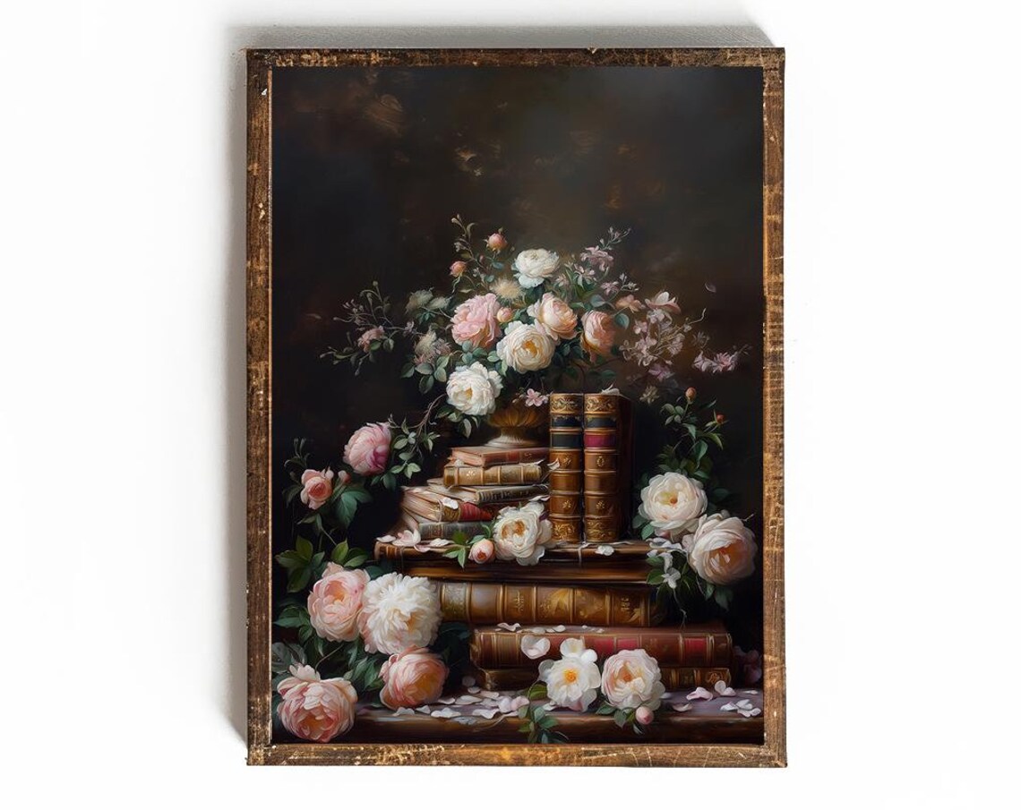 Blush Roses Overflowing from a Stack of Vintage Books Dark Poster