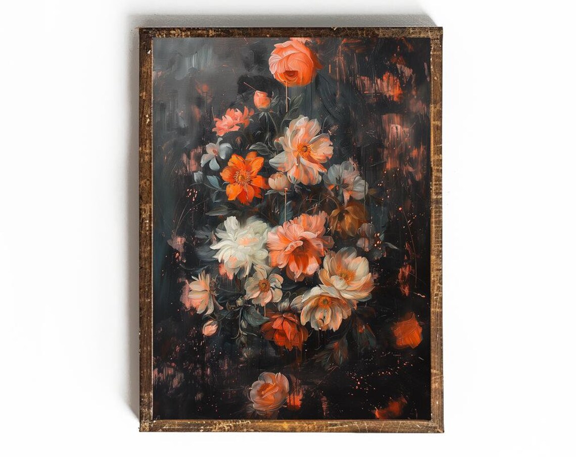 Moody Bouquet Of Peach And Orange Roses On Black Floral Print
