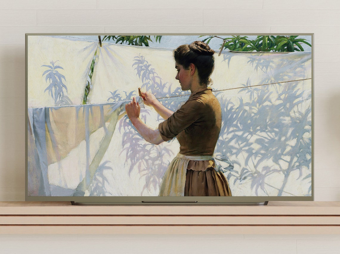 Woman Hanging Laundry Sunlit Sheets Vintage Realist Painting Wall Art - Image 3