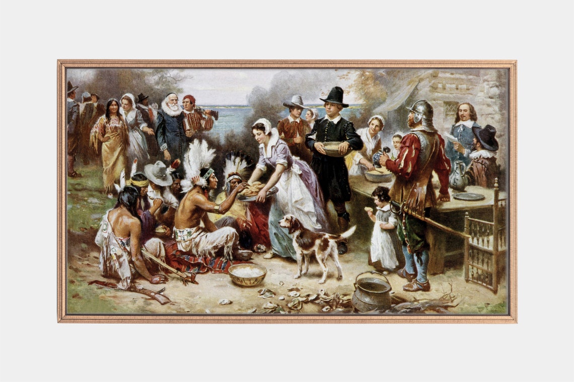 First Thanksgiving Pilgrims Feast Classic American Painting Print