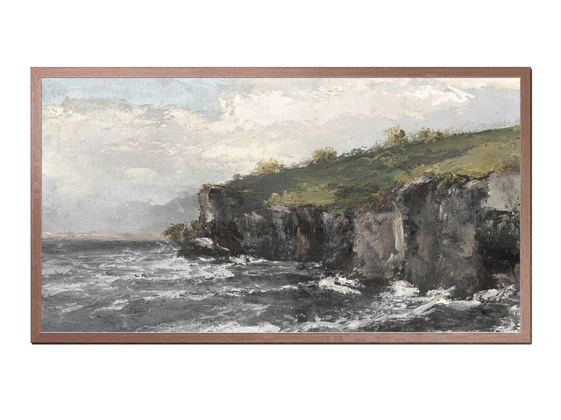 Vintage Coastal Cliffs with Crashing Waves Moody Seascape Art Poster