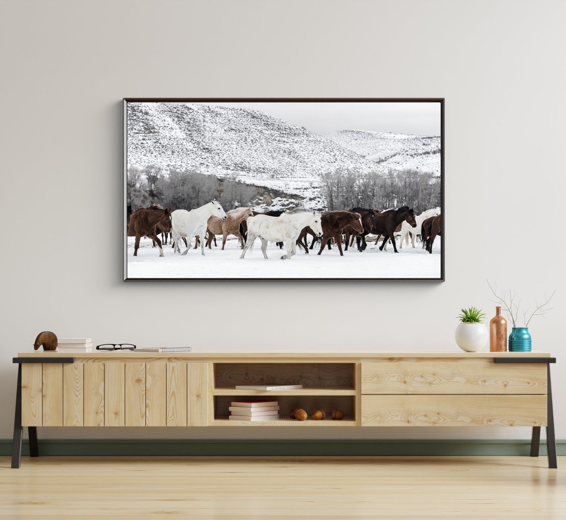 Wild Horse Herd Galloping Through Snow Winter Mountain Meadow Wall Art