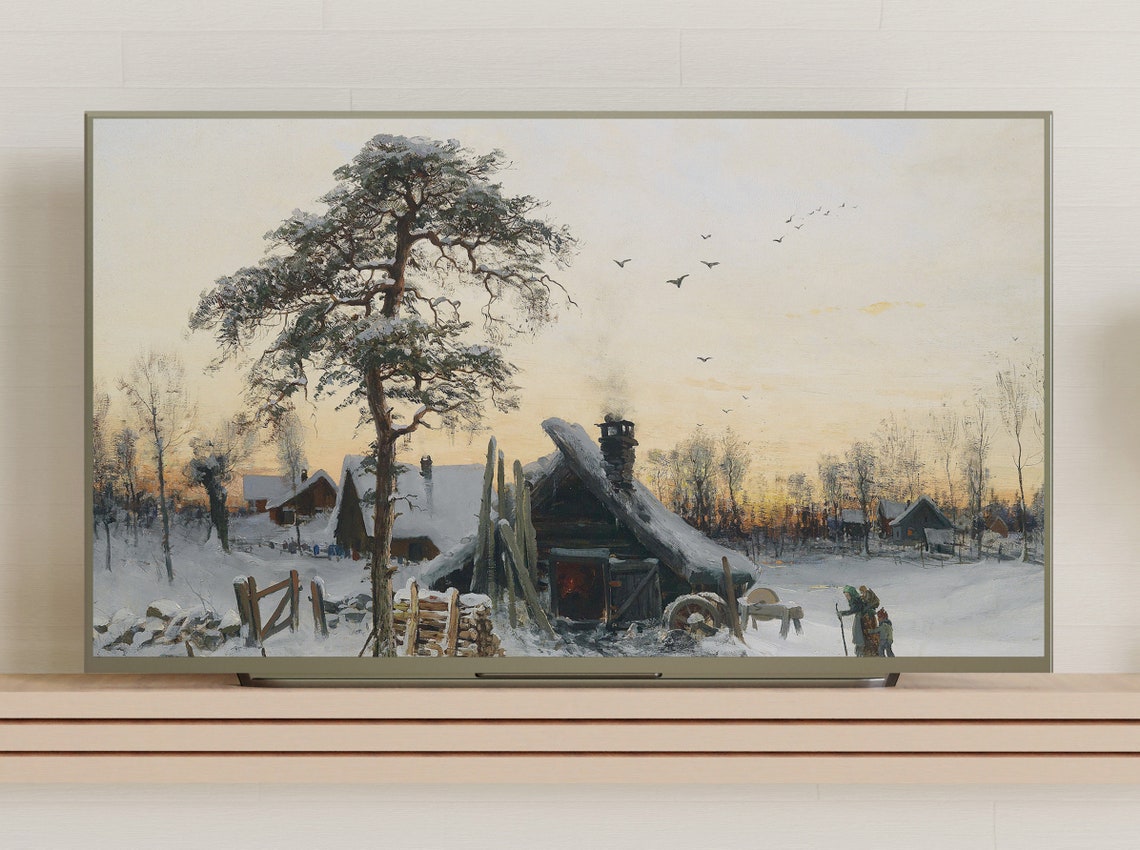 Winter Cabin Evening Light Snowy Landscape Vintage Painting Poster - Image 3