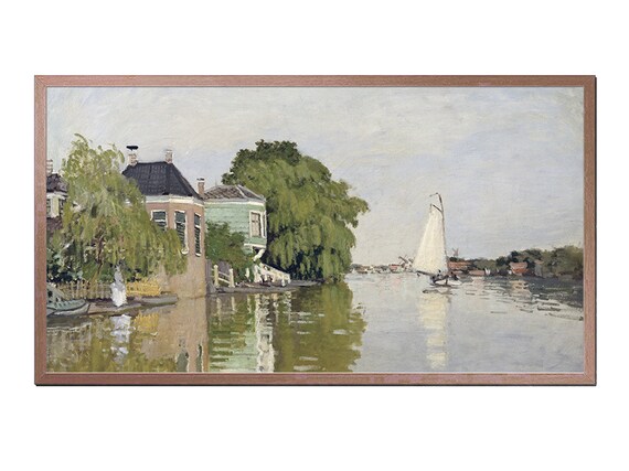 Claude Monet Houses On The River Dutch Canal Sailboats Vintage Wall Poster