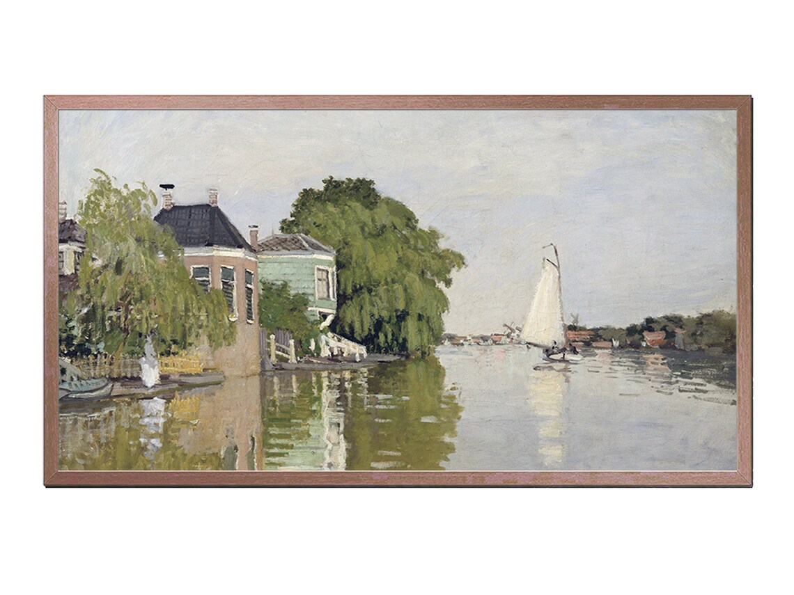 Claude Monet Houses On The River Dutch Canal Sailboats Vintage Wall Poster