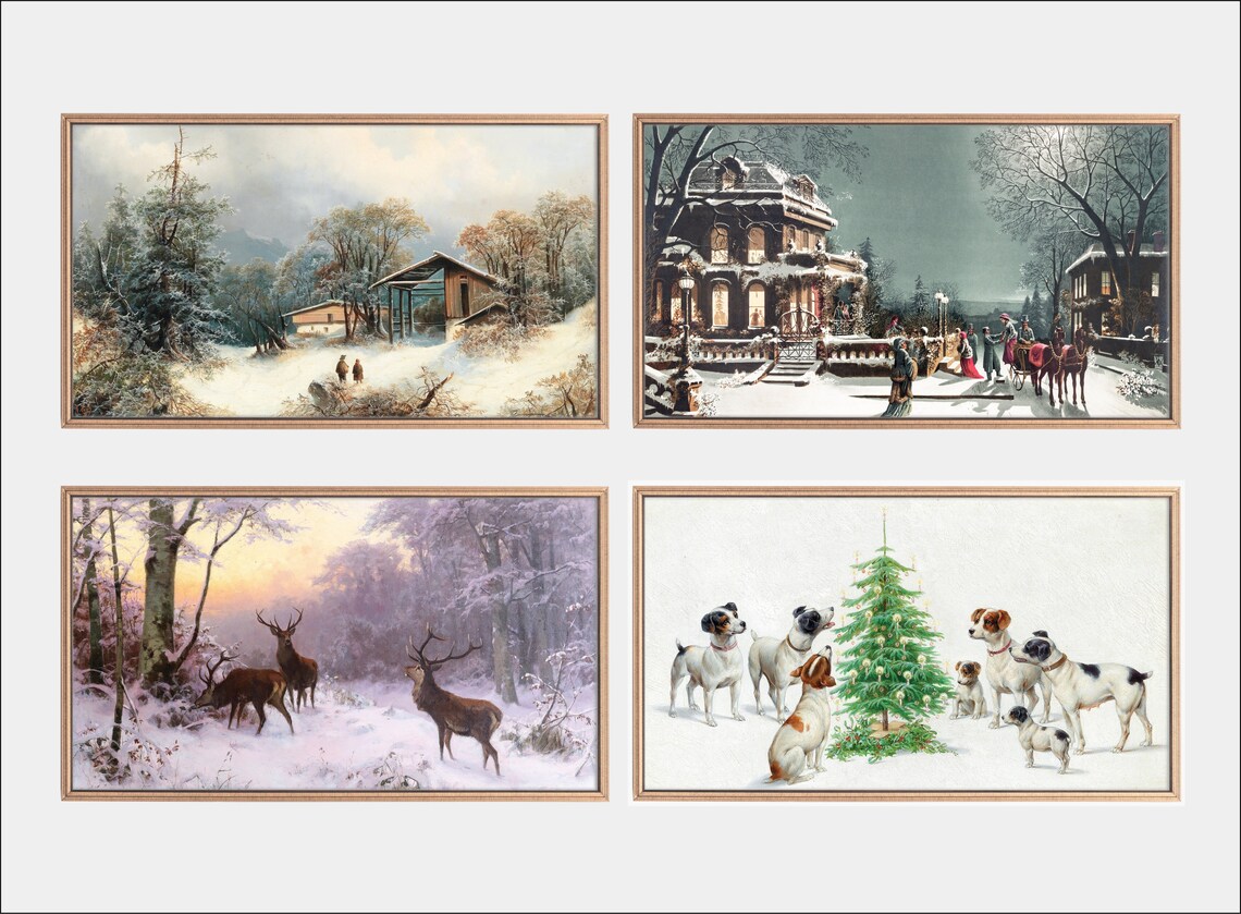 Set 4 Vintage Christmas Winter Paintings Snow Holiday Wall Art Posters