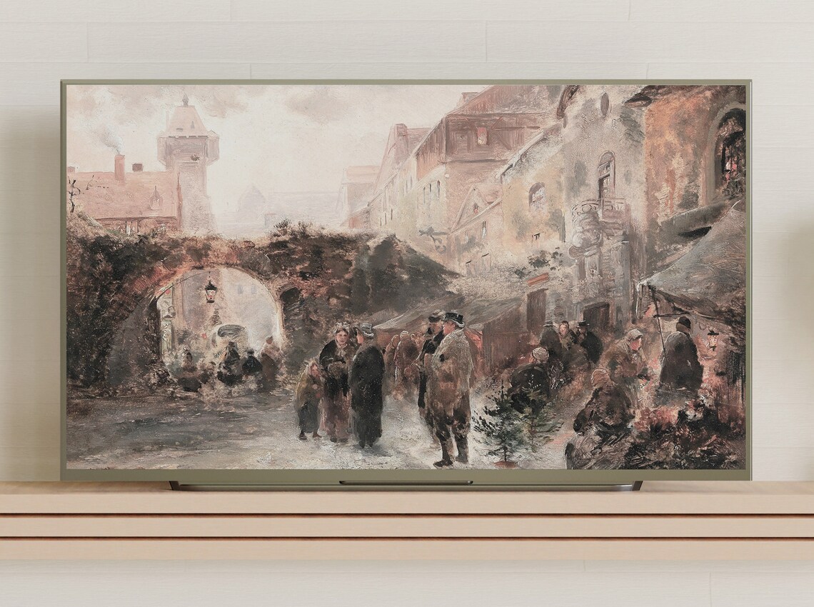 Old Town Christmas Market Crowd Under Stone Bridge Vintage Art Poster - Image 3