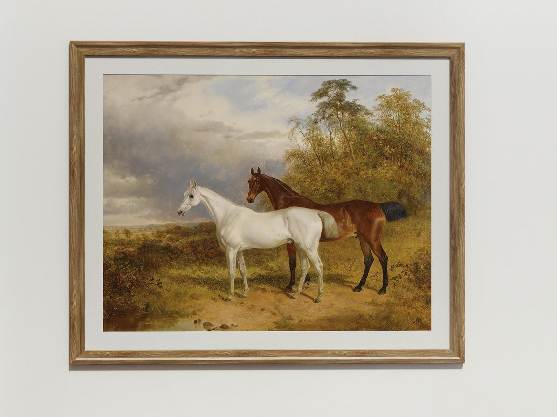 Two Horses Grey And Bay Standing In Golden Field Vintage Art Poster - Image 4