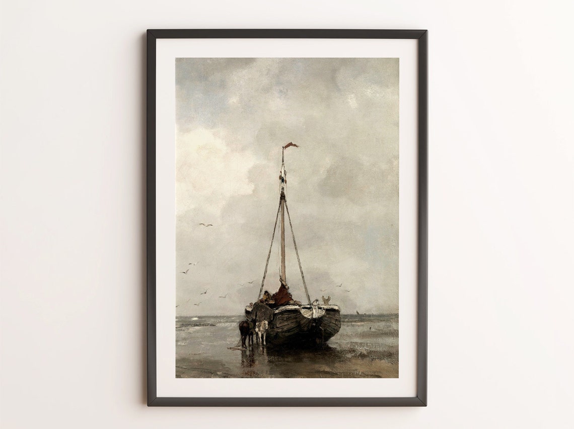 Vintage Fishing Boat Painting Shore Unloading Horses Cloudy Sea Poster - Image 4