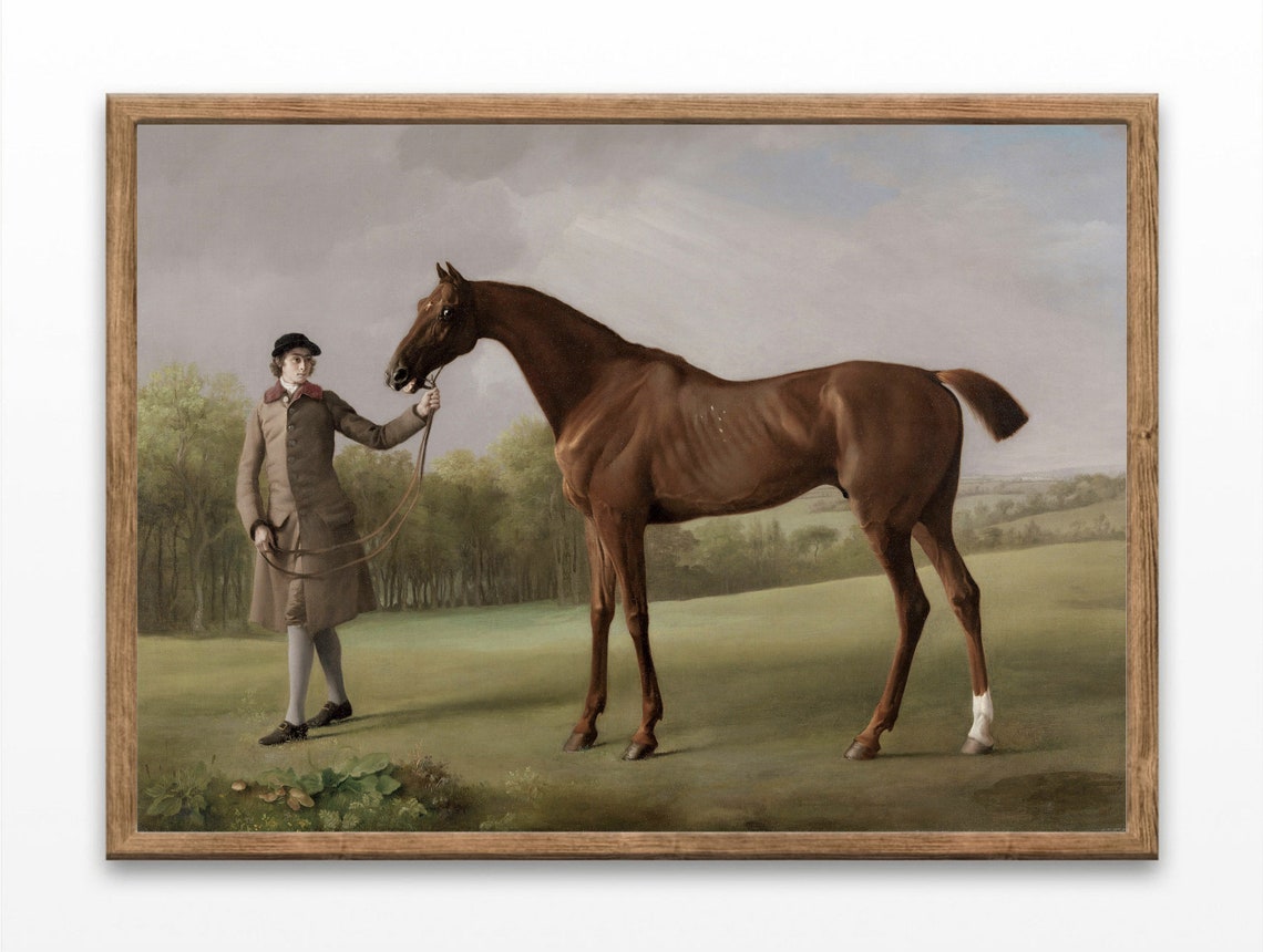 Groom Holding Bay Horse In Green Meadow Vintage Equestrian Art Poster