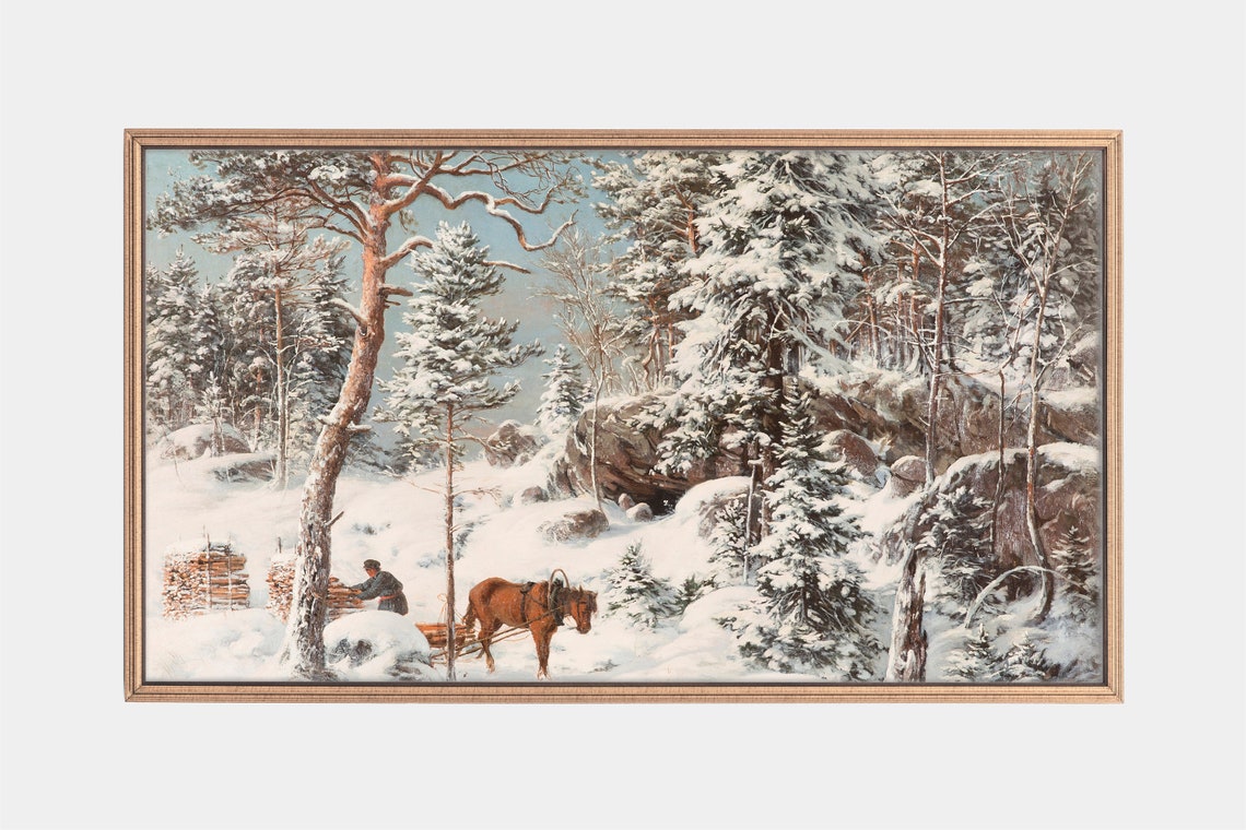 Horse Sled in Snowy Forest with Firewood Winter Landscape Poster