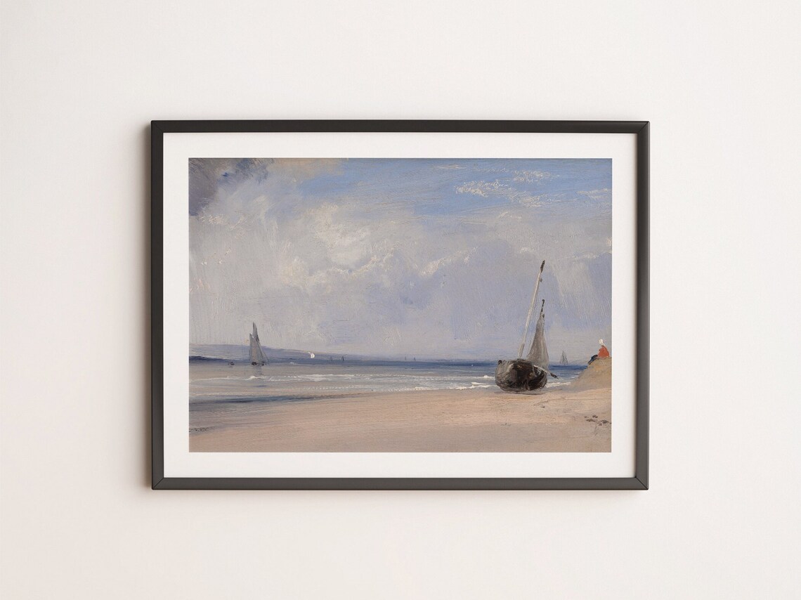 Vintage Coastal Beach Painting Sailboats Sandy Shore Soft Sky Seaside Poster - Image 4