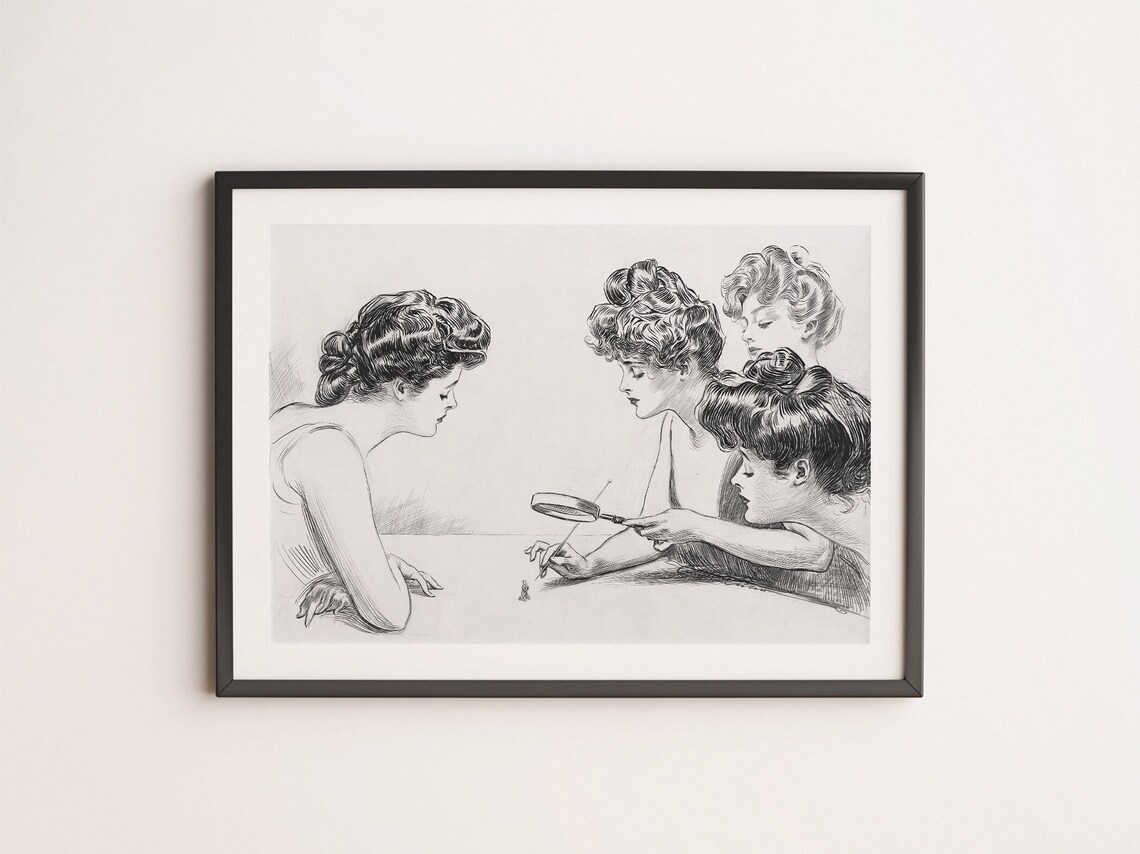 Four Women With Magnifying Glass Vintage Gibson Style Ink Sketch Art Poster - Image 4