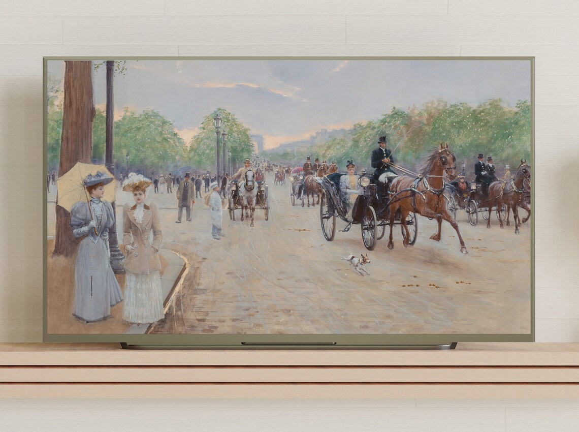 Paris Avenue with Horse Carriages and Strolling Women Vintage Poster - Image 3