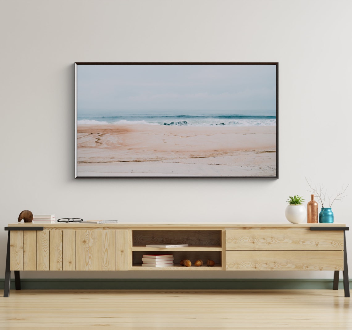 Empty Sandy Beach Gentle Waves Pale Minimalist Coastal Serenity Poster