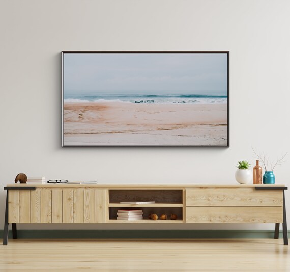 Empty Sandy Beach Gentle Waves Pale Minimalist Coastal Serenity Poster