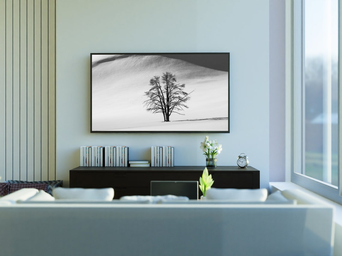 Lone Bare Tree In Vast Snow Dunes Black White Minimalist Winter Poster - Image 3