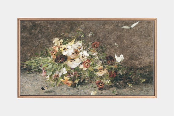 Frame Tv Art Pansies And Butterflies Still Life Paintings Of Flowers Vintage Art Instant