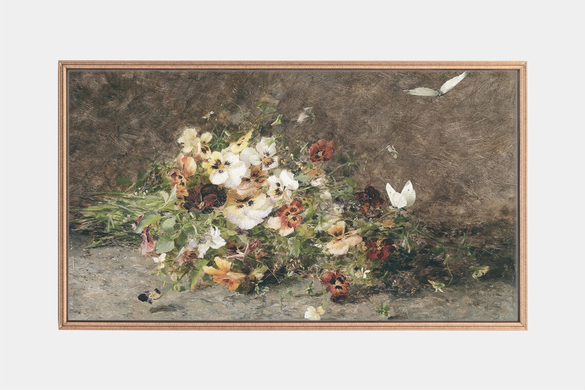 Colorful Pansy Bouquet With White Butterflies Floral Still Life Poster