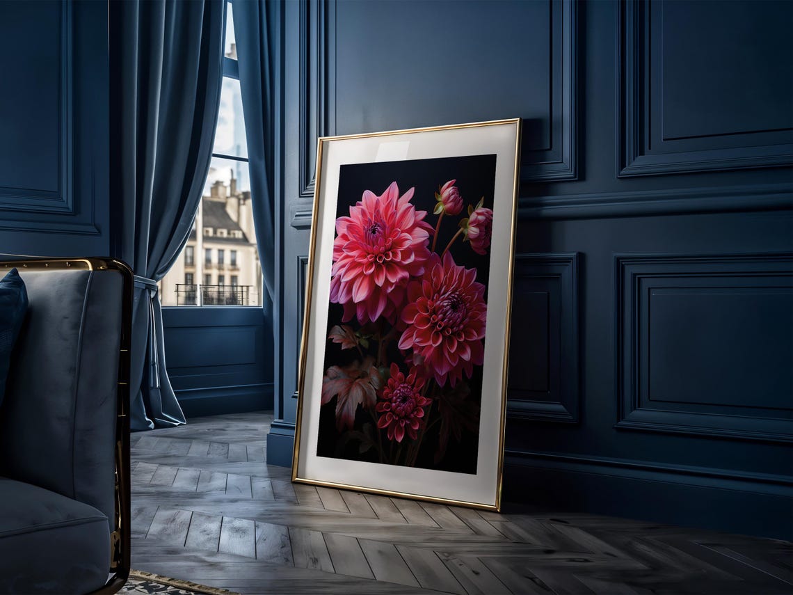 Pink Dahlia Blooms Dark Background Moody Lush Crimson Floral Print - Image 3
