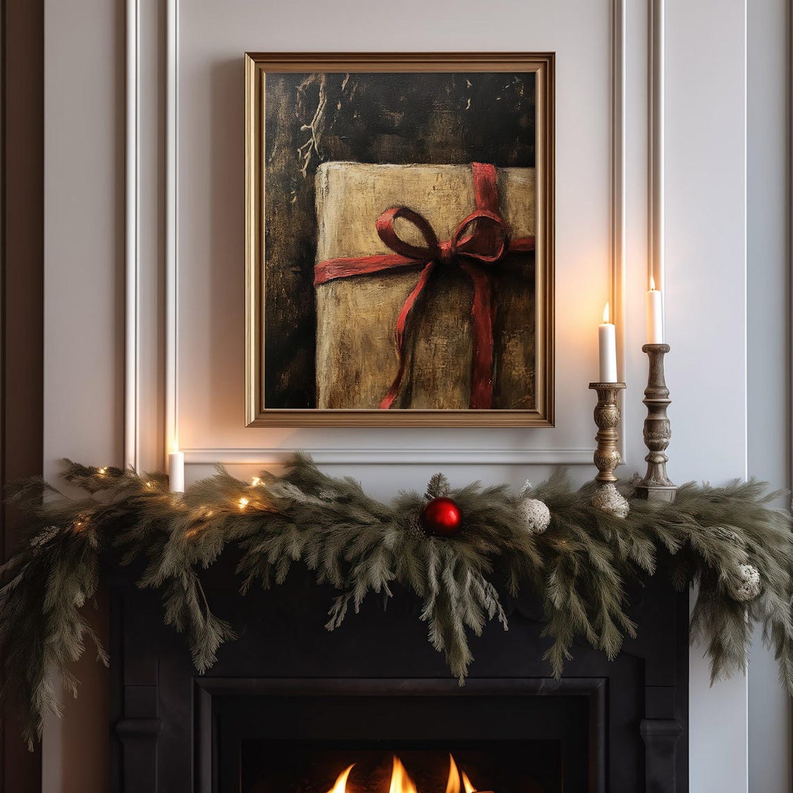 Vintage Gift Box Red Ribbon Bow Christmas Holiday Still Life Print - Image 3