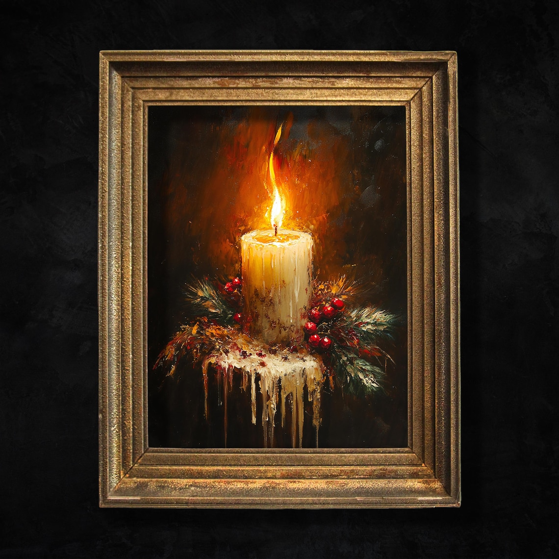 Glowing Vintage Candle With Red Berries Dark Moody Holiday Poster