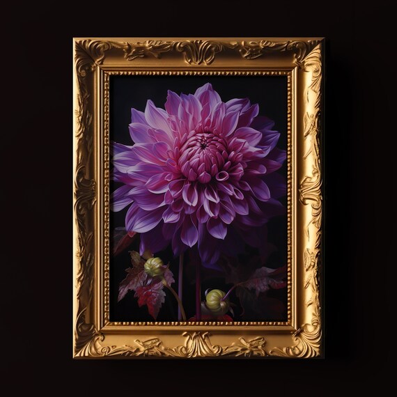 Purple Dahlia Flower Close Up Dark Moody Botanical Study Print