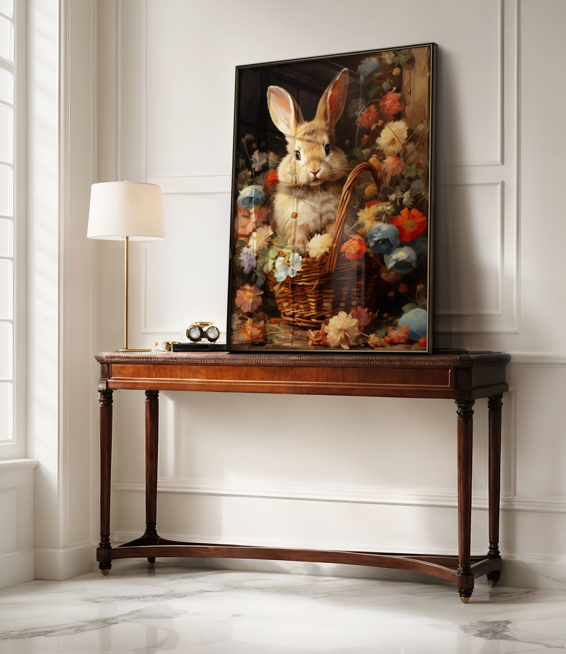 Cute Bunny In Flower Basket Vintage Style Spring Rabbit Art Poster - Image 3