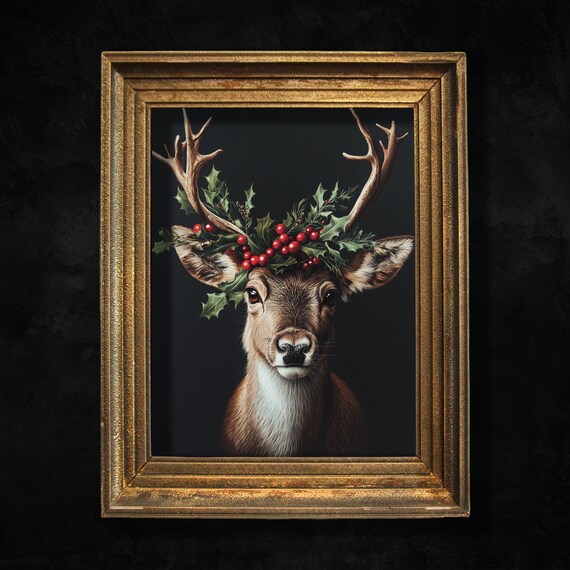 Moody Reindeer Portrait Christmas Wall Art Deer Holiday Decor Seasonal Cottagecore Decor