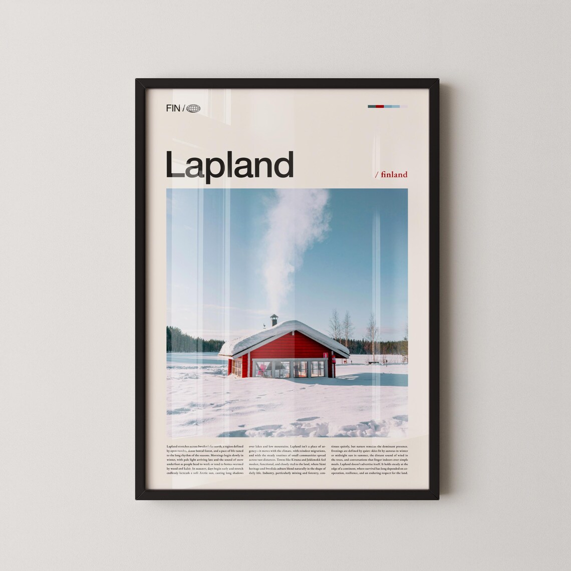 Lapland Finland Snowy Red Cabin Editorial Winter Travel Poster