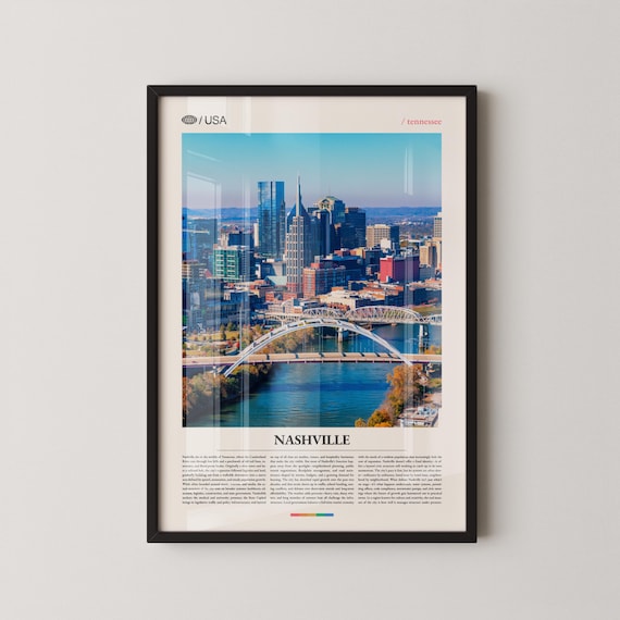 Nashville Tennessee Aerial Skyline River Bridge Travel Poster