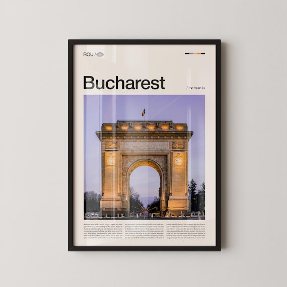 Bucharest Romania Arcul de Triumf at Dusk Modern City Travel Poster