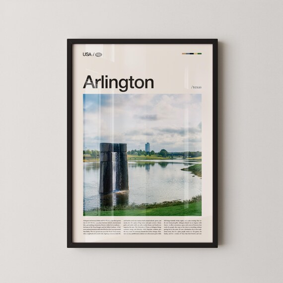 Arlington Texas Riverside Waterfall Landmark Modern Travel Poster