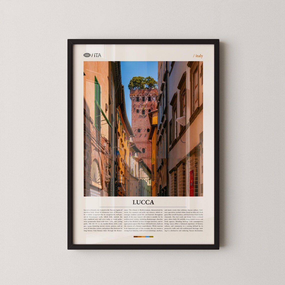 Lucca Italy Travel Poster with Historic Tower and Old Street View