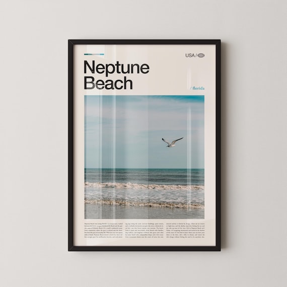 Neptune Beach Florida Ocean Waves Seagull Photography Travel Poster
