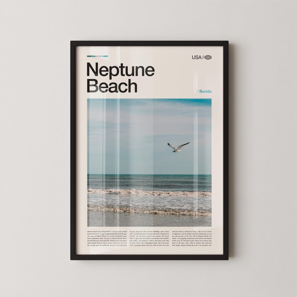 Neptune Beach Florida Ocean Waves Seagull Photography Travel Poster