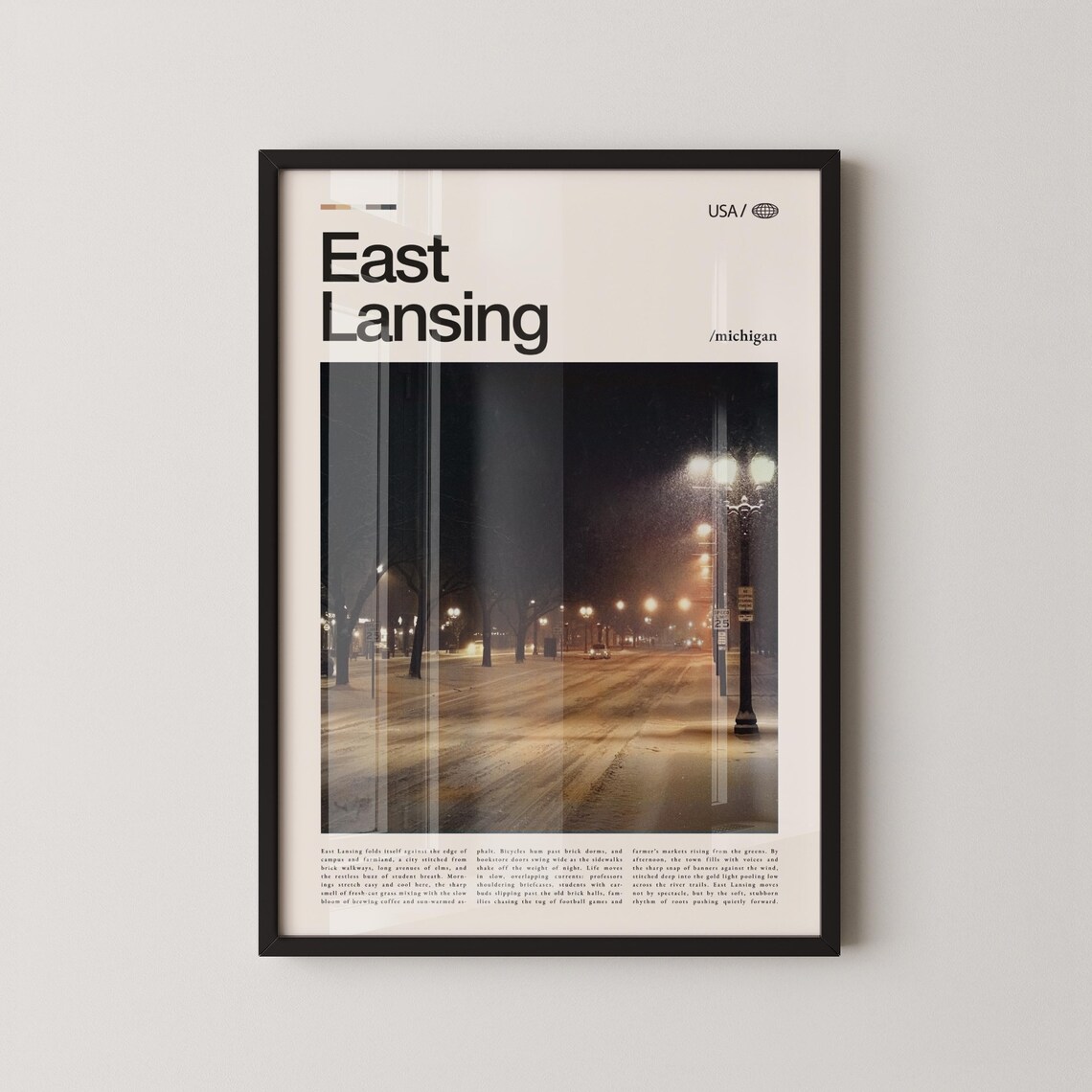 East Lansing Michigan Winter Street Lamp Night Scenic Photo Poster