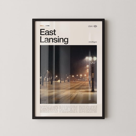 East Lansing Michigan Winter Street Lamp Night Scenic Photo Poster
