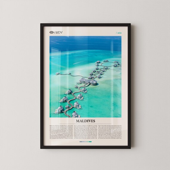 Maldives Wall Art Tropical Island And Overwater Bungalow Print Poster Scenic Ocean Photography Beach Paradise Decor