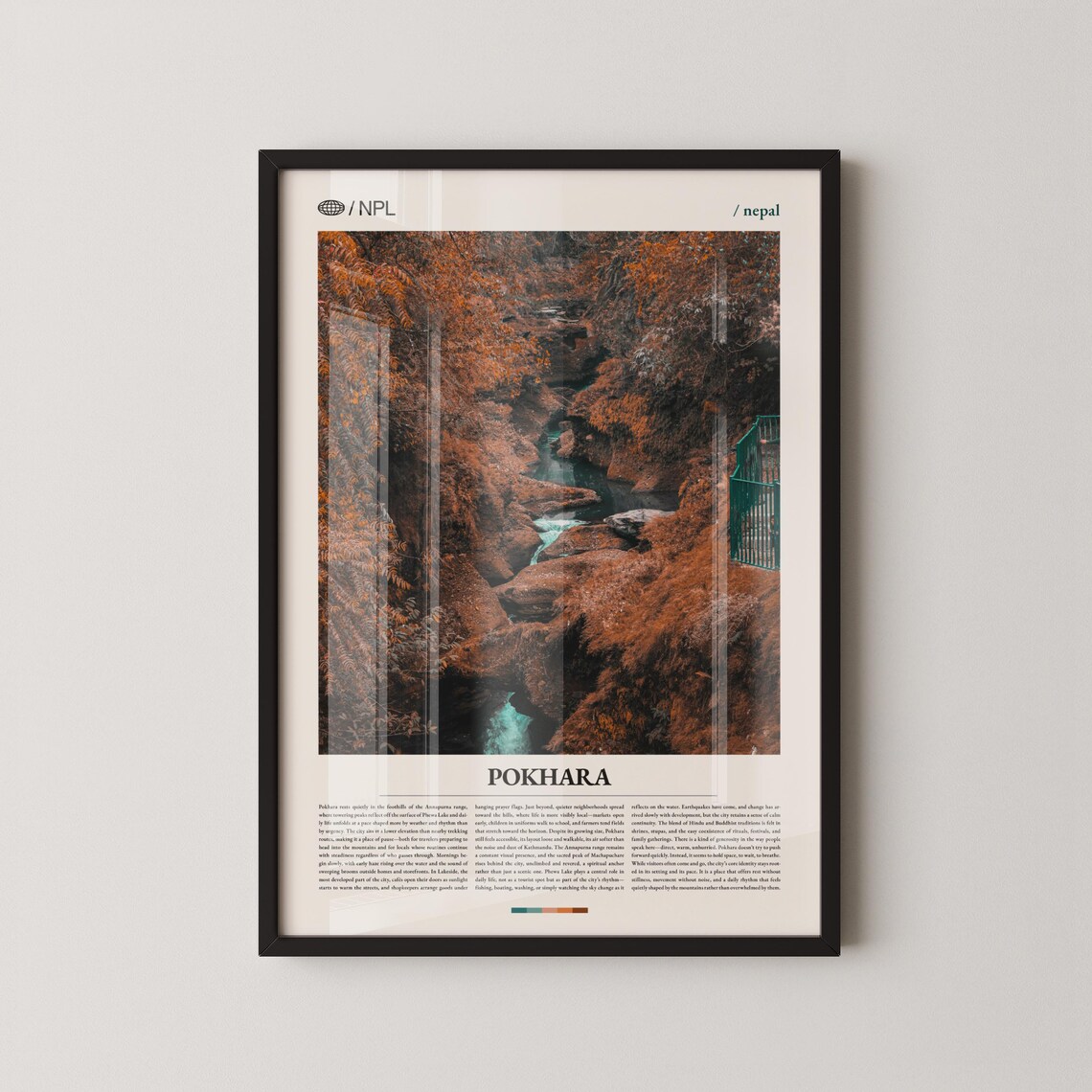 Pokhara Nepal Travel Poster with River Gorge and Autumn Forest Canyon