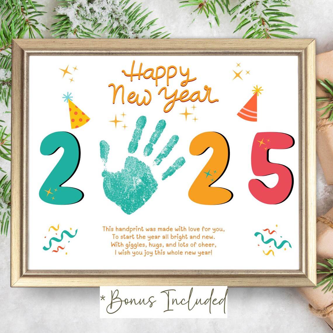 Happy New Year 2025 Handprint Art Poem Print