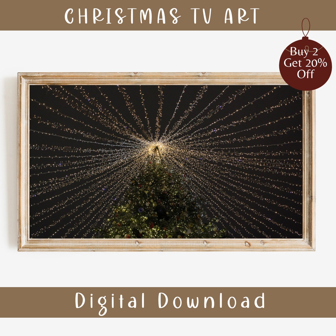 Christmas Tree Top Night Sky String Lights Vintage Frame TV Art Print - Image 2