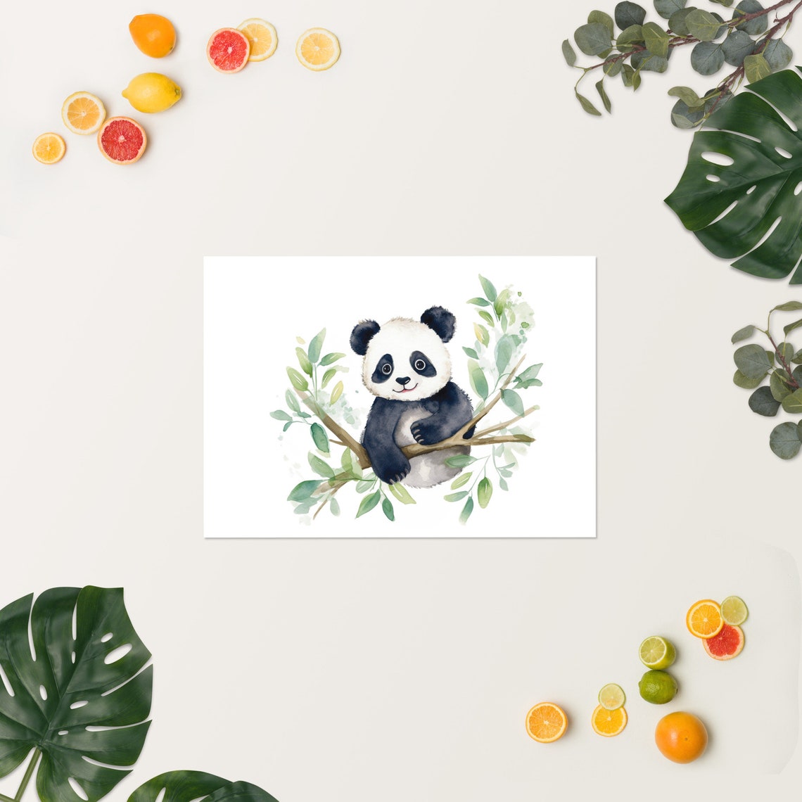 Cute Baby Panda on Tree Branch Watercolor Leaves Nursery Poster - Image 3