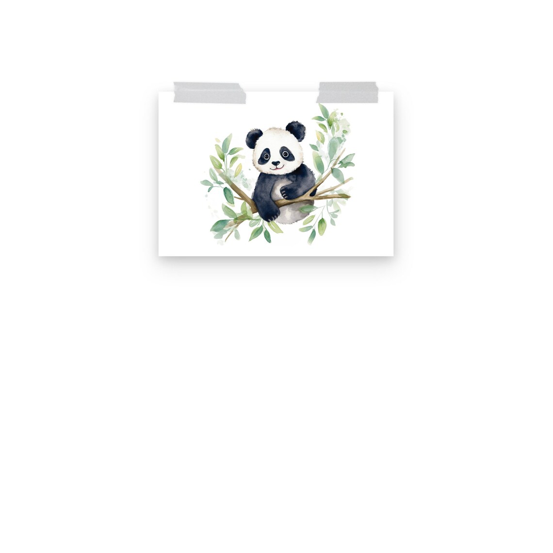 Cute Baby Panda on Branch Watercolor Green Leaves Nursery Wall Art - Image 3